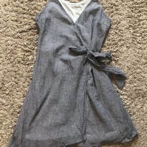 Gray and white striped linen wrap dress